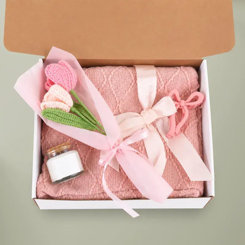 4-Piece Blush & Bloom Gift Set (Candle, Blanket, Crochet Bouquet, Bow Clip)