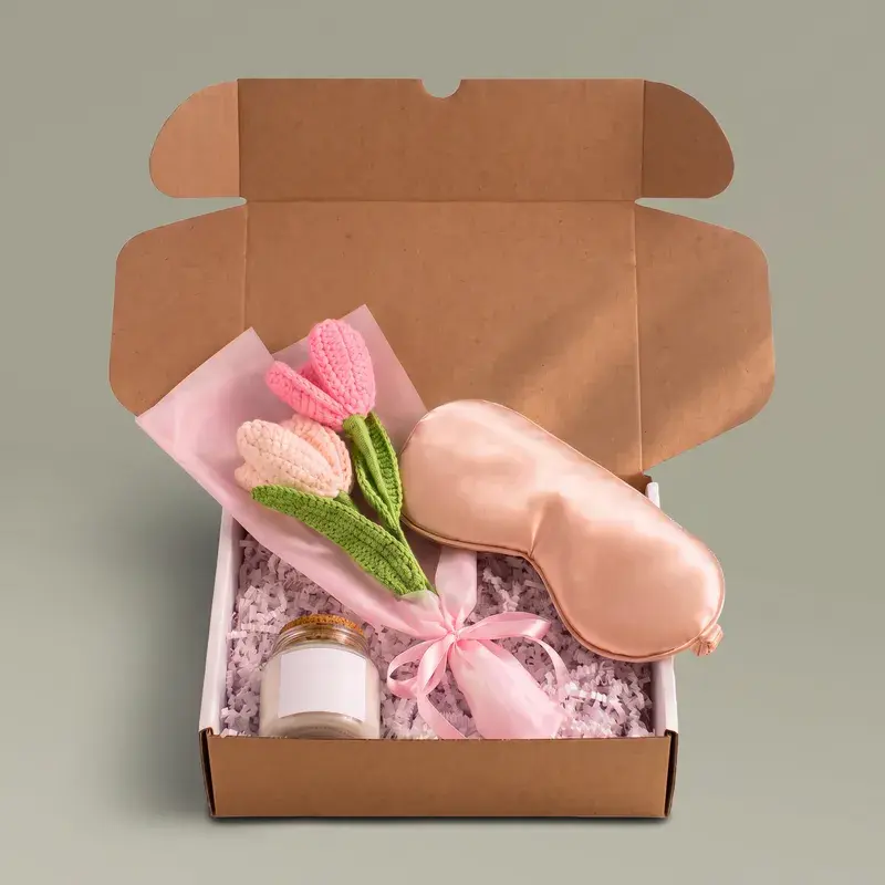 Blush Calm Gift Set (Candle, Crochet Bouquet, Sleep Mask)